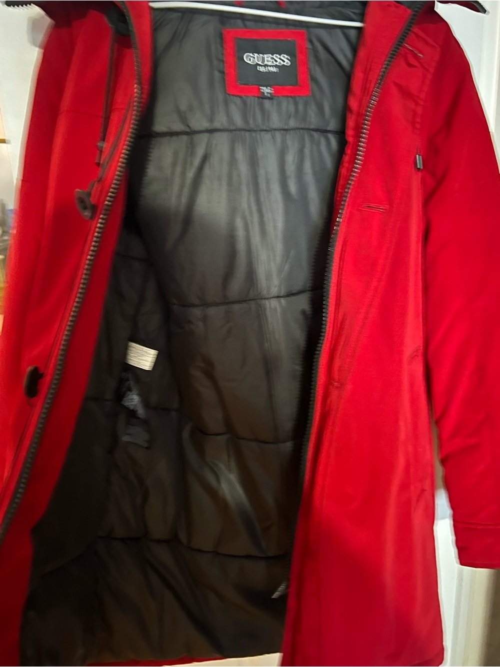GUESS Red Women's Puffer-Lined Coat with Black Interior